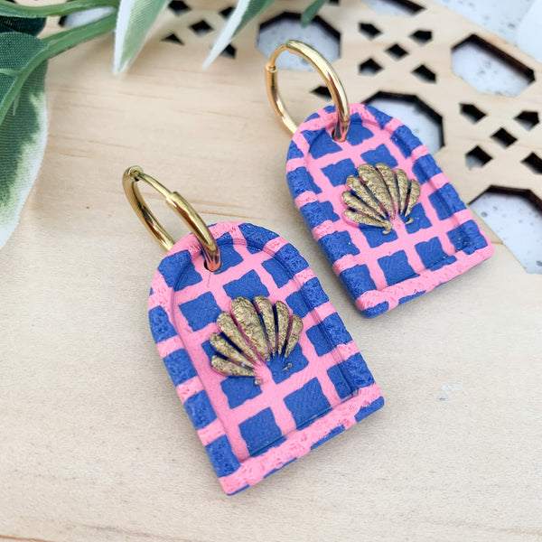 Pink and Blue Check Polymer Clay Dangle Earrings