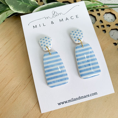 Light Blue and White Stripe Polymer Clay Dangle Earrings with Resin Finish