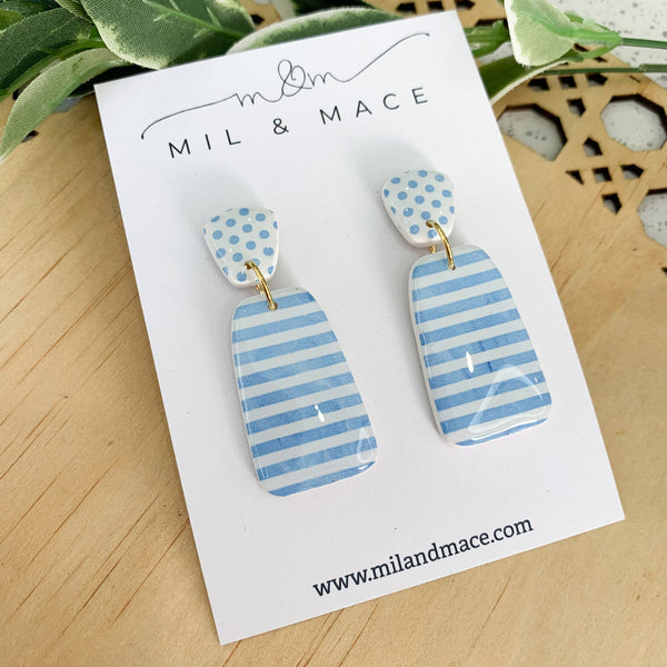 Light Blue and White Stripe Polymer Clay Dangle Earrings with Resin Finish