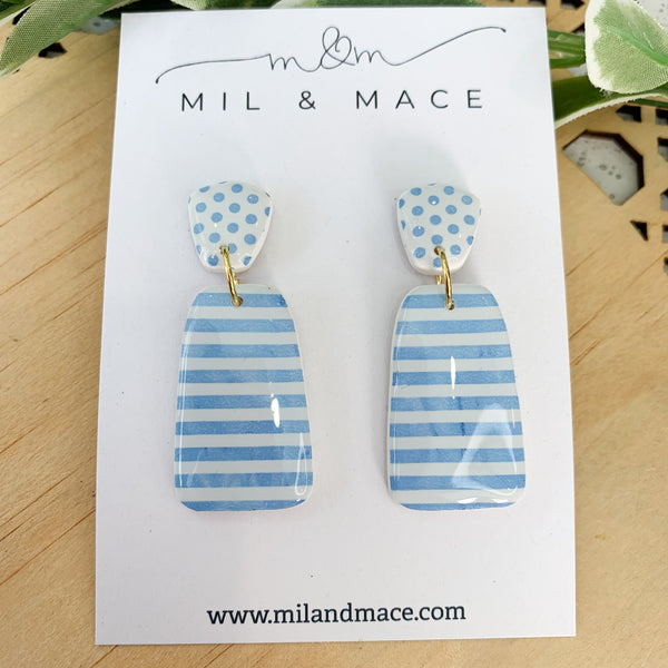 Light Blue and White Stripe Polymer Clay Dangle Earrings with Resin Finish