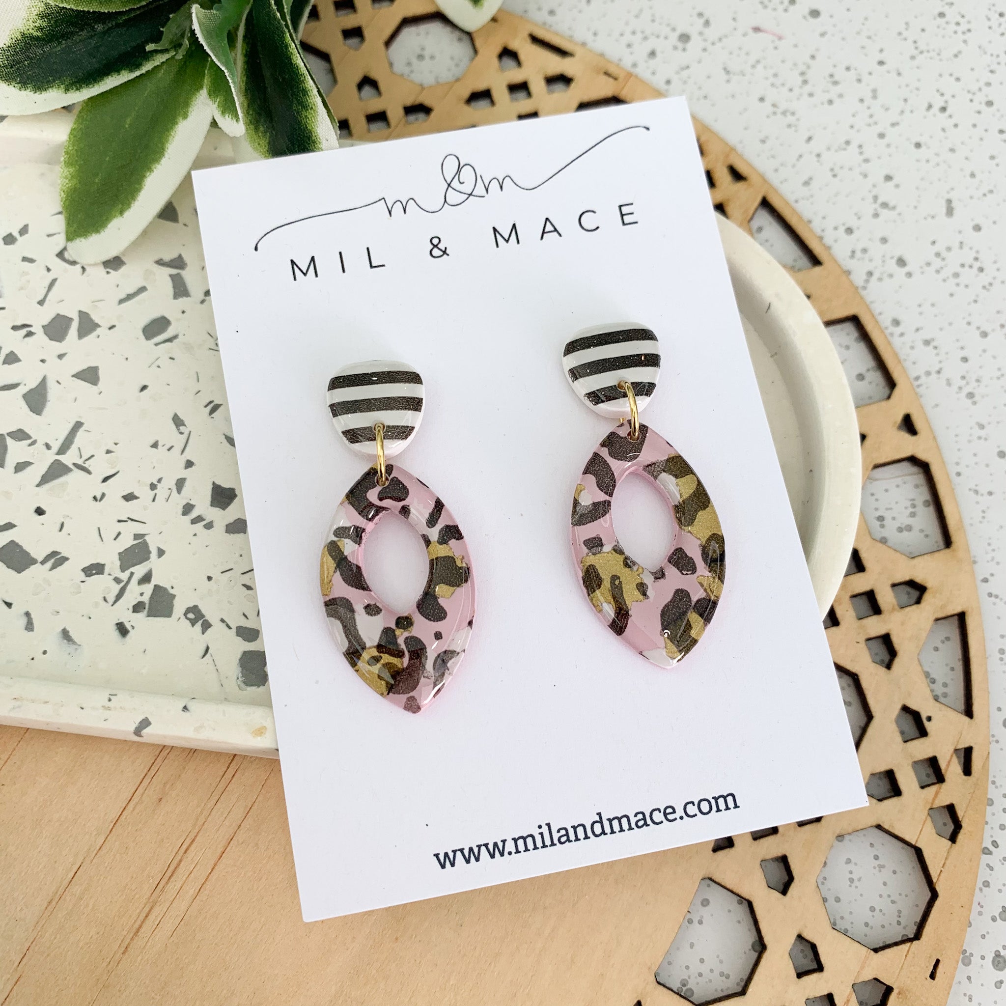 Pink Leopard Polymer Clay Dangle Earrings with Resin Finish