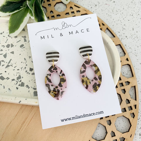Pink Leopard Polymer Clay Dangle Earrings with Resin Finish
