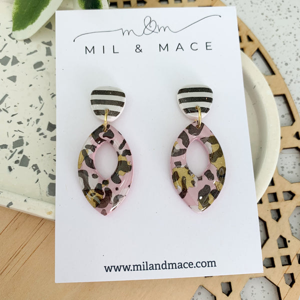 Pink Leopard Polymer Clay Dangle Earrings with Resin Finish