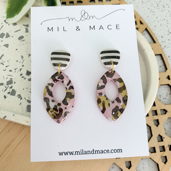 Pink Leopard Polymer Clay Dangle Earrings with Resin Finish