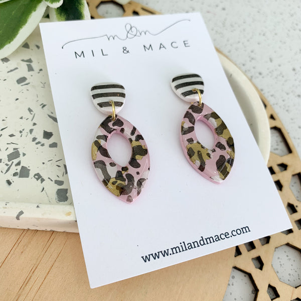 Pink Leopard Polymer Clay Dangle Earrings with Resin Finish