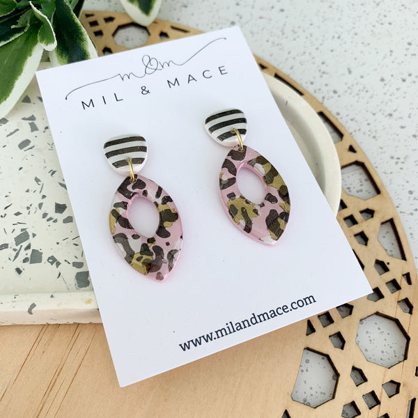 Pink Leopard Polymer Clay Dangle Earrings with Resin Finish