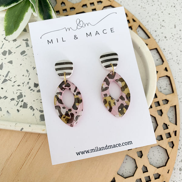 Pink Leopard Polymer Clay Dangle Earrings with Resin Finish
