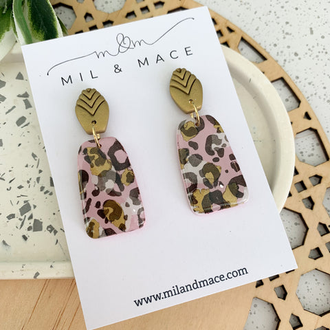 Pink Leopard Polymer Clay Dangle Earrings with Resin Finish