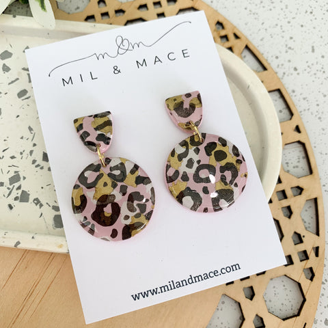 Pink Leopard Polymer Clay Dangle Earrings with Resin Finish