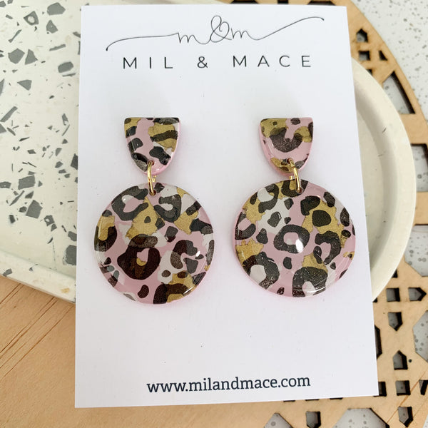 Pink Leopard Polymer Clay Dangle Earrings with Resin Finish