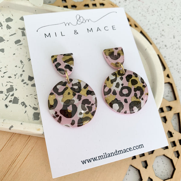 Pink Leopard Polymer Clay Dangle Earrings with Resin Finish
