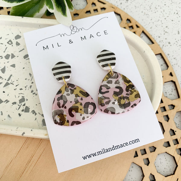 Pink Leopard Polymer Clay Dangle Earrings with Resin Finish