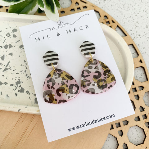 Pink Leopard Polymer Clay Dangle Earrings with Resin Finish