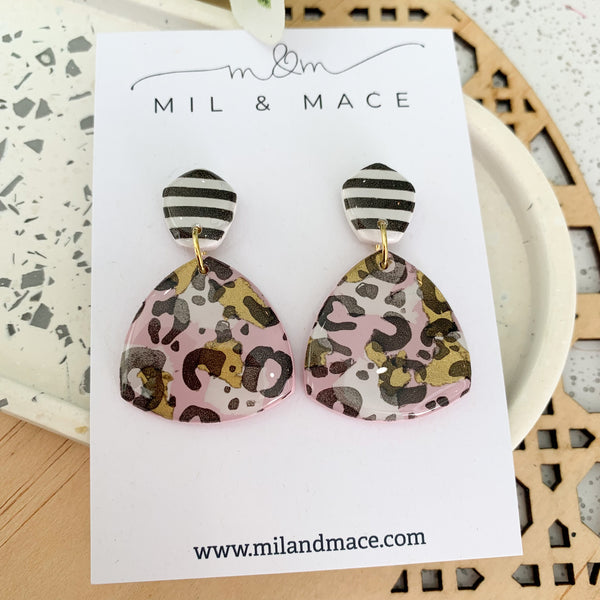 Pink Leopard Polymer Clay Dangle Earrings with Resin Finish