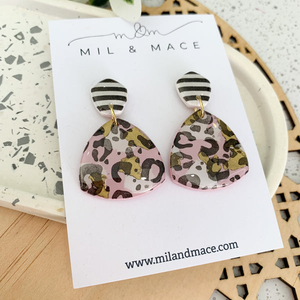 Pink Leopard Polymer Clay Dangle Earrings with Resin Finish