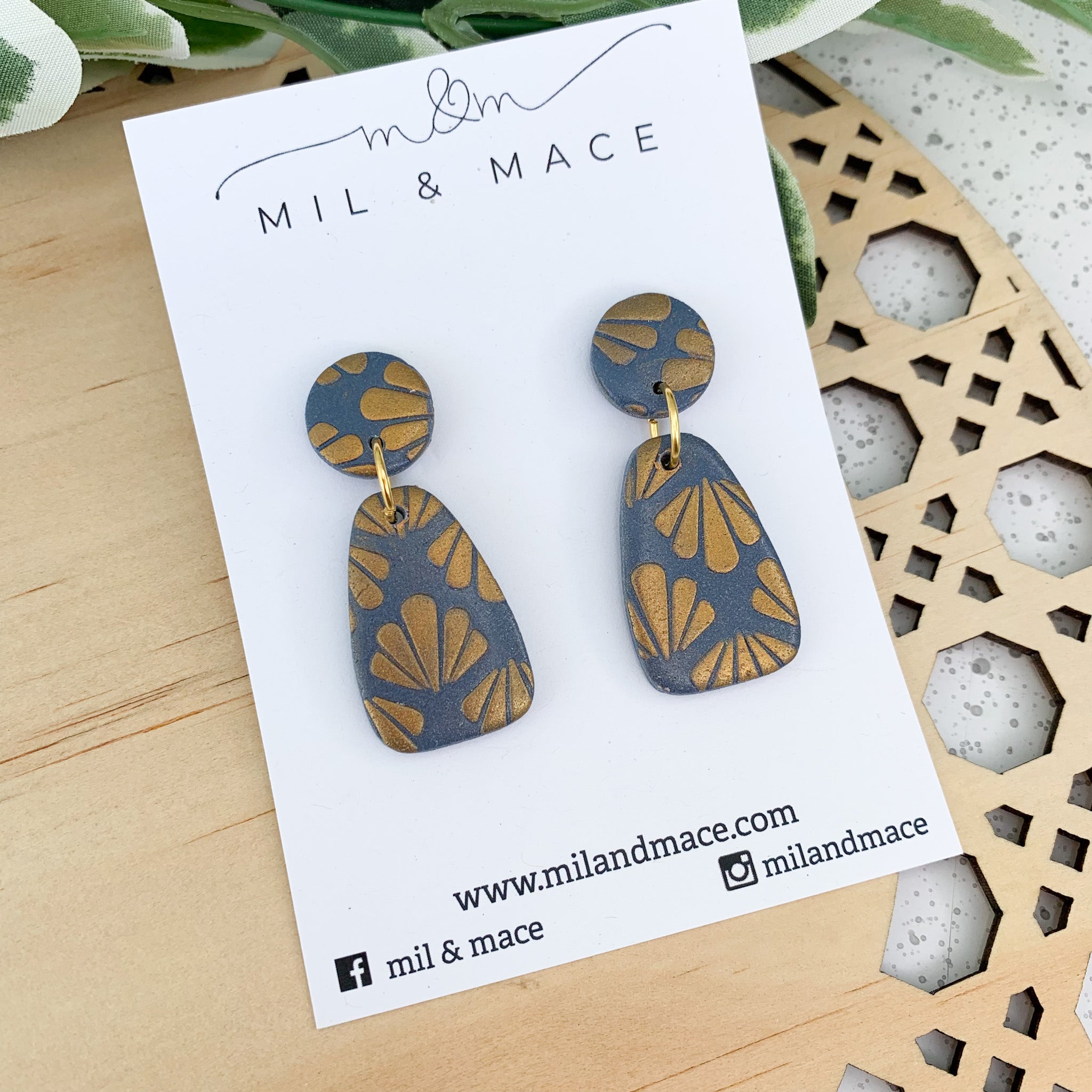 Navy and Gold Print Polymer Clay Dangle Earrings