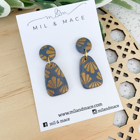 Navy and Gold Print Polymer Clay Dangle Earrings