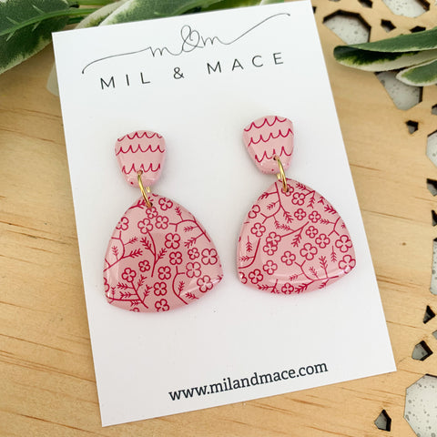 Burgundy Floral Polymer Clay Dangle Earrings with Resin Finish
