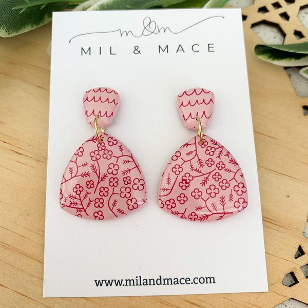 Burgundy Floral Polymer Clay Dangle Earrings with Resin Finish