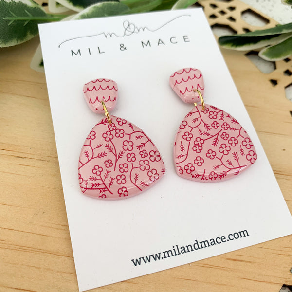Burgundy Floral Polymer Clay Dangle Earrings with Resin Finish