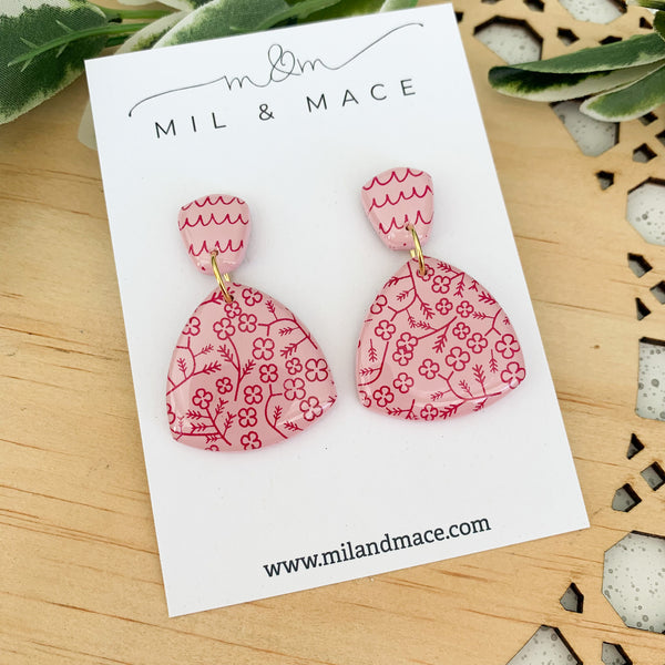 Burgundy Floral Polymer Clay Dangle Earrings with Resin Finish