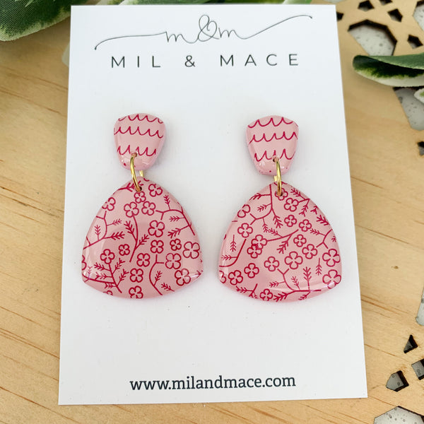 Burgundy Floral Polymer Clay Dangle Earrings with Resin Finish