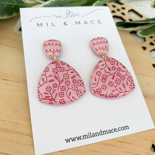 Burgundy Floral Polymer Clay Dangle Earrings with Resin Finish