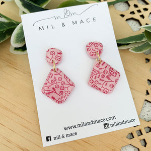 Burgundy Floral Polymer Clay Dangle Earrings with Resin Finish