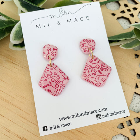 Burgundy Floral Polymer Clay Dangle Earrings with Resin Finish