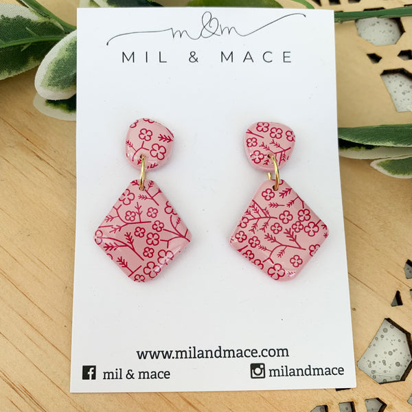 Burgundy Floral Polymer Clay Dangle Earrings with Resin Finish