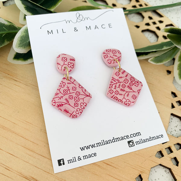 Burgundy Floral Polymer Clay Dangle Earrings with Resin Finish