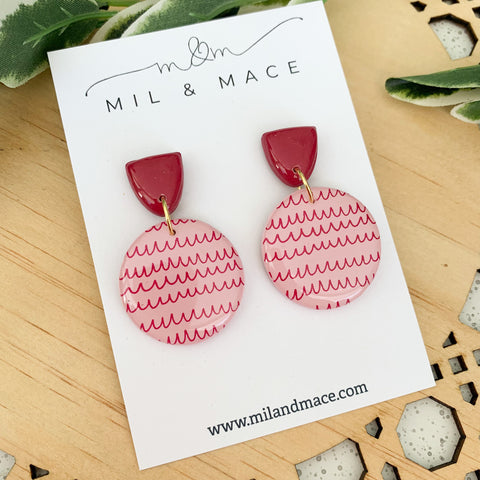 Burgundy Squiggles Polymer Clay Dangle Earrings with Resin Finish