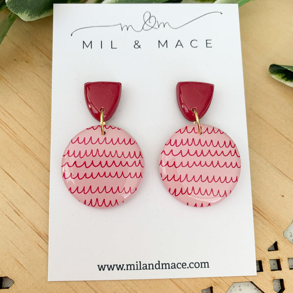 Burgundy Squiggles Polymer Clay Dangle Earrings with Resin Finish