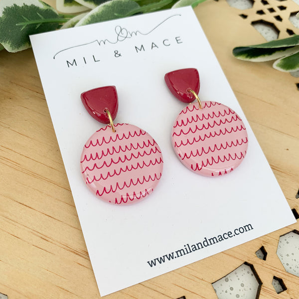 Burgundy Squiggles Polymer Clay Dangle Earrings with Resin Finish