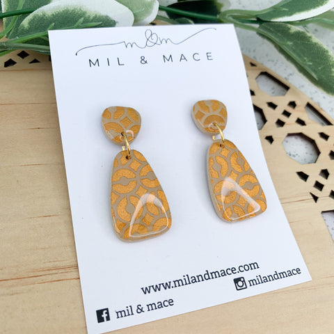 Latte and Gold Polymer Clay Dangle with Resin Finish Earrings