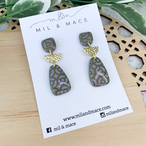 Green and Violet Polymer Clay Dangle with Resin Finish Earrings