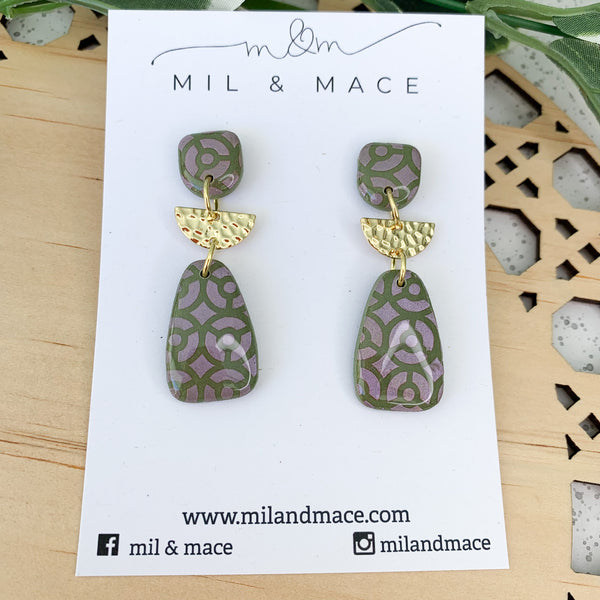 Green and Violet Polymer Clay Dangle with Resin Finish Earrings