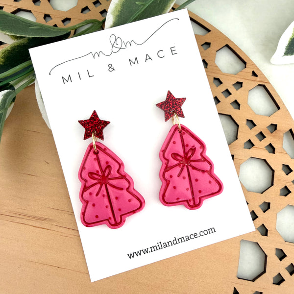 Pink and Red Spot Bow Christmas Trees  Polymer Clay Dangle Earrings
