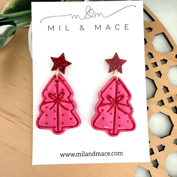 Pink and Red Spot Bow Christmas Trees  Polymer Clay Dangle Earrings