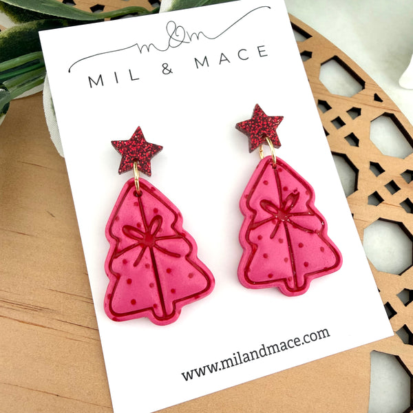 Pink and Red Spot Bow Christmas Trees  Polymer Clay Dangle Earrings