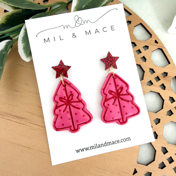 Pink and Red Spot Bow Christmas Trees  Polymer Clay Dangle Earrings