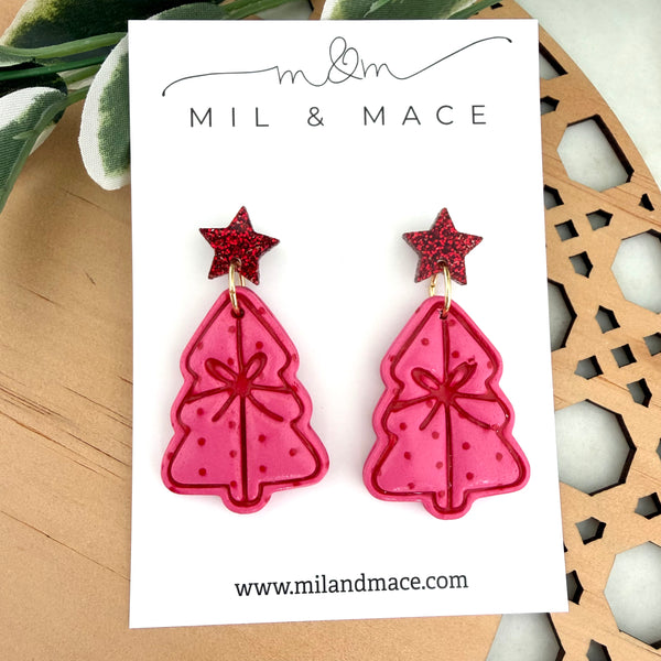 Pink and Red Spot Bow Christmas Trees  Polymer Clay Dangle Earrings