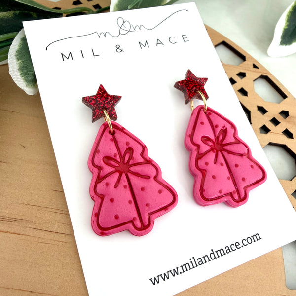 Pink and Red Spot Bow Christmas Trees  Polymer Clay Dangle Earrings