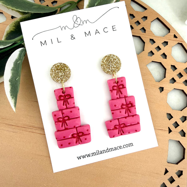 Pink and Red Spot Bow Present Stack Polymer Clay Dangle Earrings
