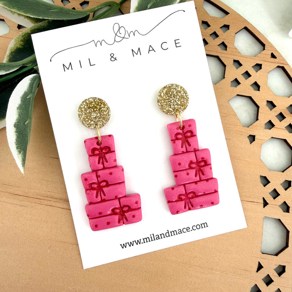 Pink and Red Spot Bow Present Stack Polymer Clay Dangle Earrings