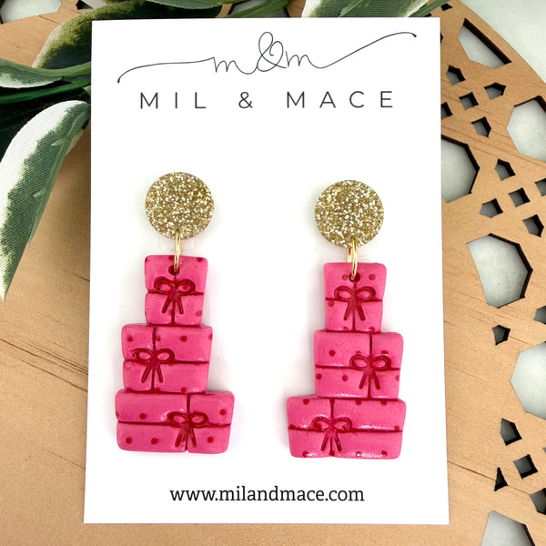 Pink and Red Spot Bow Present Stack Polymer Clay Dangle Earrings