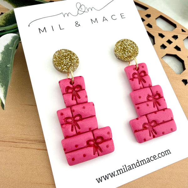 Pink and Red Spot Bow Present Stack Polymer Clay Dangle Earrings