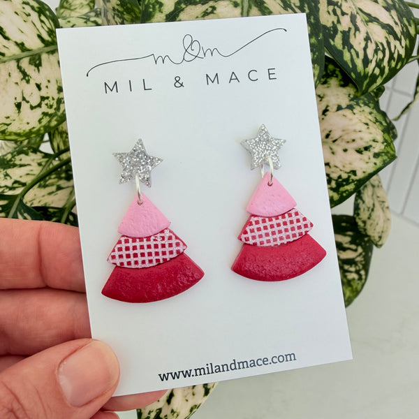 Layered Pink and Red Christmas Trees  Polymer Clay Dangle Earrings