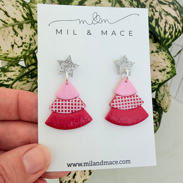 Layered Pink and Red Christmas Trees  Polymer Clay Dangle Earrings