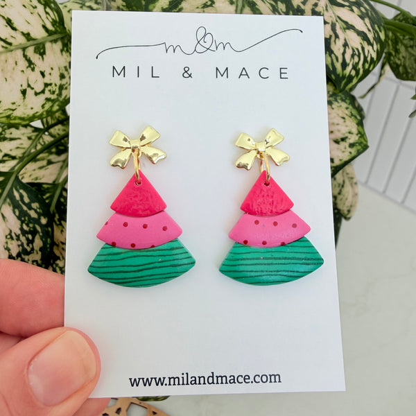 Layered Pink, Red and Green Christmas Trees  Polymer Clay Dangle Earrings